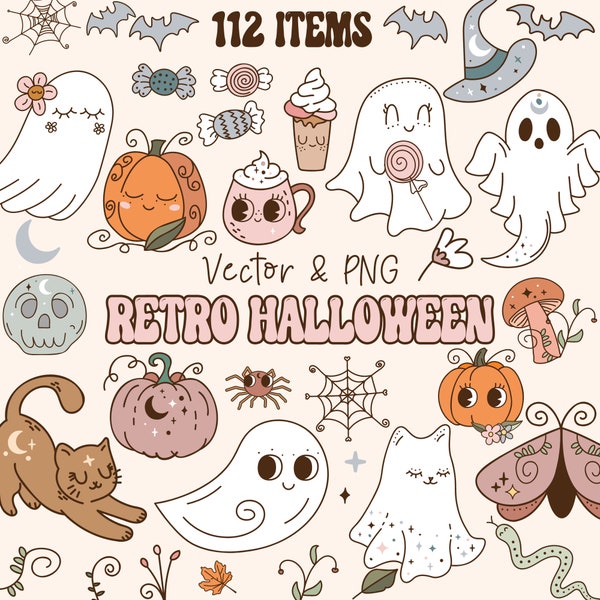 Retro Halloween Clipart Set - Commercial Use - Instant Download - SVG PNG - Ghosts, Pumpkins, Cats, Candy, Bats, Cricut - Cute Clip Art, H1