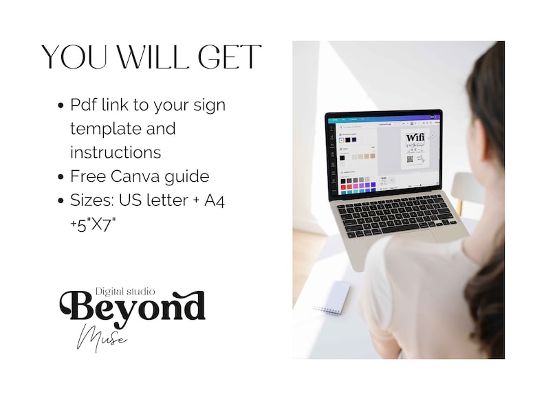 May include: A laptop screen shows a Canva design template for a WiFi sign. The text on the sign says "Wifi Password". The laptop is on a white desk with a notebook and pen. The text "You Will Get" is on the left side of the image, listing the items included in the purchase. The text "Digital Studio Beyond Muse" is at the bottom of the image.