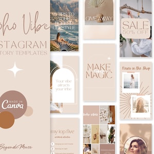 Peut inclure: Ensemble de modèles de stories Instagram sur le thème boho. La palette de couleurs est neutre, avec des superpositions de texte telles que "Boho Vibe", "Give Away" et "Sale 50% Off". Les modèles sont "Made in Canva".