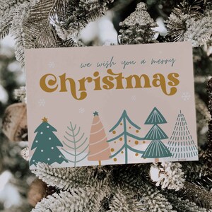 Retro Business thank you card for christmas with a groovy vibe. Christmas trees and snowflakes. Editable in Canva.