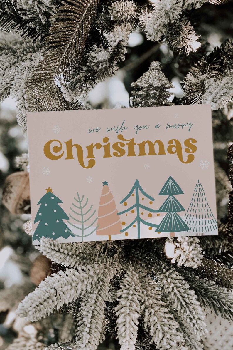 Retro Business thank you card for christmas with a groovy vibe. Christmas trees and snowflakes. Editable in Canva.