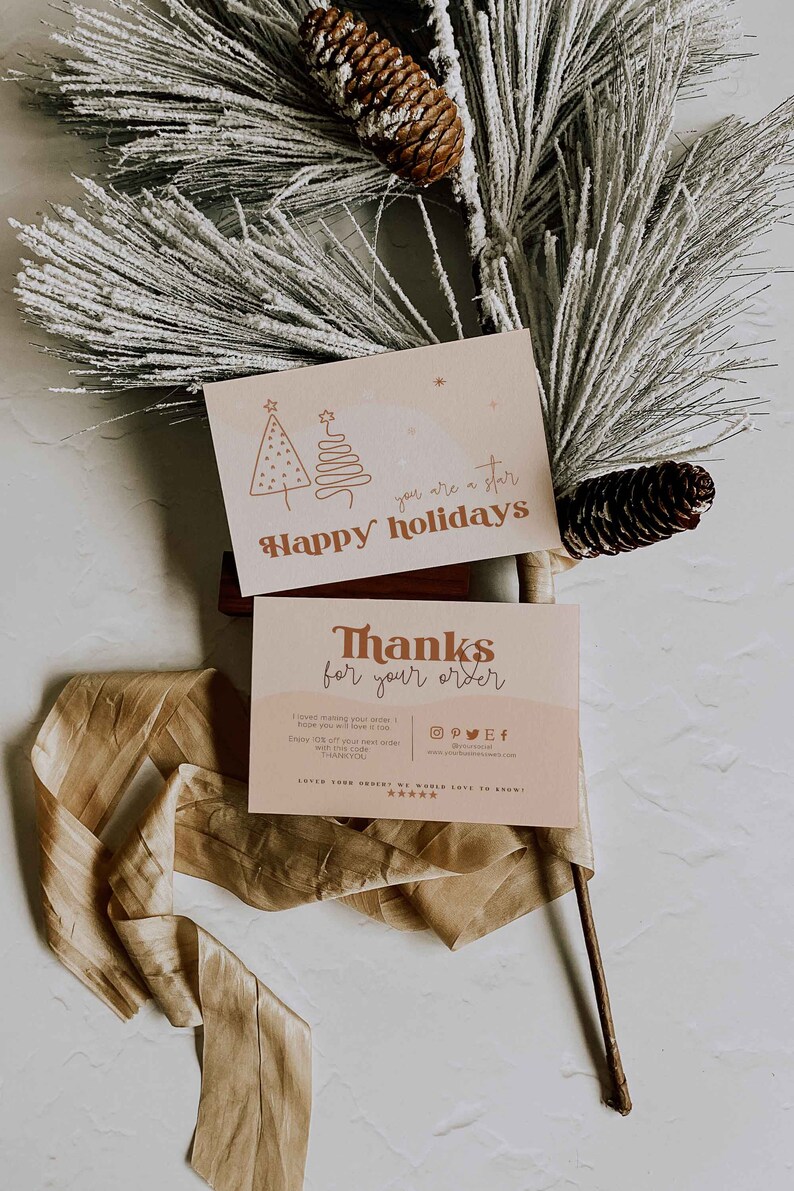 Retro Business thank you card for christmas with a boho vibe. Tw lineart christmas trees and a "Thanks you for you support" text. Editable in Canva.