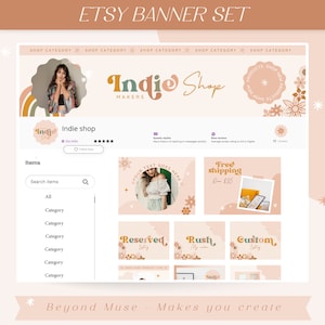 Retro etsy banner template - Boho etsy shop banner - 70s etsy shop kit - sell on etsy - etsy branding kit - Canva template - Studio Indie