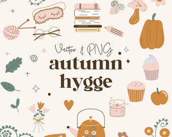 Autumn hygge Clipart Set - fall svg - Commercial Use - Instant Download - SVG PNG - pumkin, mushroom, tea, books - Cute Clip Art - CA1