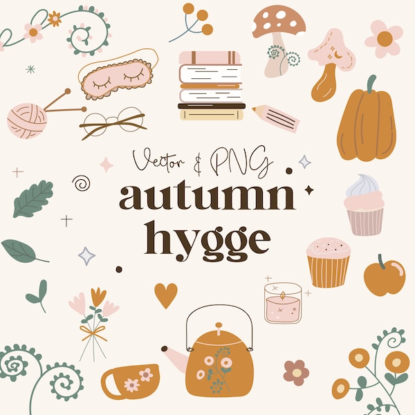 Autumn hygge Clipart Set - fall svg - Commercial Use - Instant Download - SVG PNG - pumkin, mushroom, tea, books - Cute Clip Art - CA1