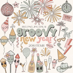 Ensemble rétro de cliparts nouvel an groovy - réveillon du nouvel an - chapeau - serpentine - champagne - confettis - boule disco fusée feux d'artifice - bundle PNG SVG