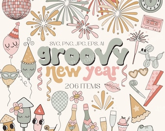 Retro Groovy New Year Clipart set - New years eve - Hat - Serpentine - Champagne - Confetti - Fireworks Rocket Disco ball - bundle PNG SVG