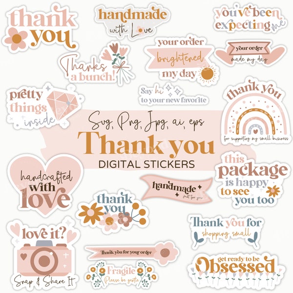 Boho Thank you stickers SVG PNG bundle | Printable packaging sticker for small business png | Packaging Labels | made with Love - CA1