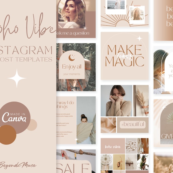 Boho Instagram Templates for Canva, Instagram Post Template, ecommerce, etsy seller, Muted Theme, content creator, soft beige, moonchild