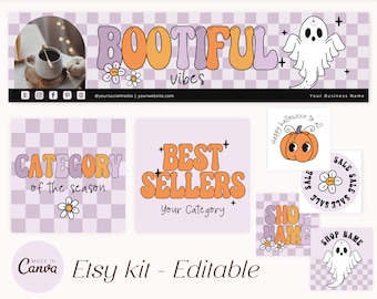 Halloween Etsy banner Canva - Retro Etsy shop banners - etsy shop kit - Spooky Halloween etsy banner template - Purple checkered - H2