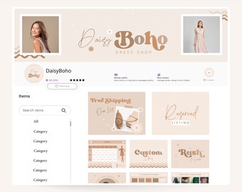 Boho Etsy Kit - Retro Etsy shop banner bundle templates with listing photos - Fashion Etsy Seller Success - editable in Canva - Daisy Boho