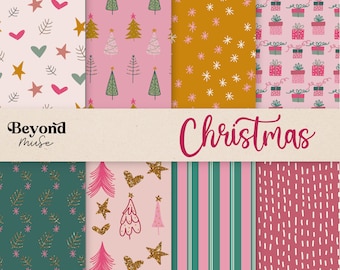 Digitale papieren Kerstmis - plakboek - naadloos patroon - designpapier - retro schattige kerst - gouden glitter - handgetekende - png - C2