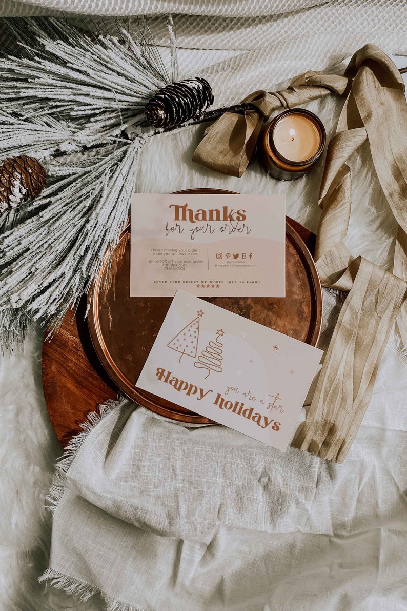 Retro Business thank you card for christmas with a boho vibe. Tw lineart christmas trees and a "Thanks you for you support" text. Editable in Canva.