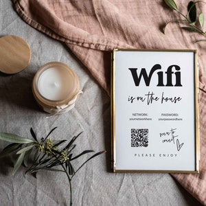 May include: A framed sign with the text "Wifi is on the house" and a QR code for connecting to the network. The sign also includes the text "NETWORK: youmetworkhere PASSWORD: yourpasswordhere" and "scan to connect".