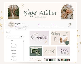 Etsy banner bundle- Green, Sage and gold Etsy Shop Kit template - GardenEtsy Seller Success - editable Canva etsy shop branding kit - Garden