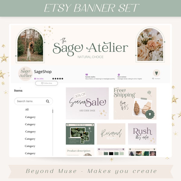 Etsy banner bundle- Green, Sage and gold Etsy Shop Kit template - GardenEtsy Seller Success - editable Canva etsy shop branding kit - Garden