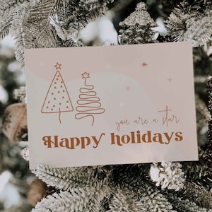 Retro Business thank you card for christmas with a boho vibe. Tw lineart christmas trees and a "Thanks you for you support" text. Editable in Canva.