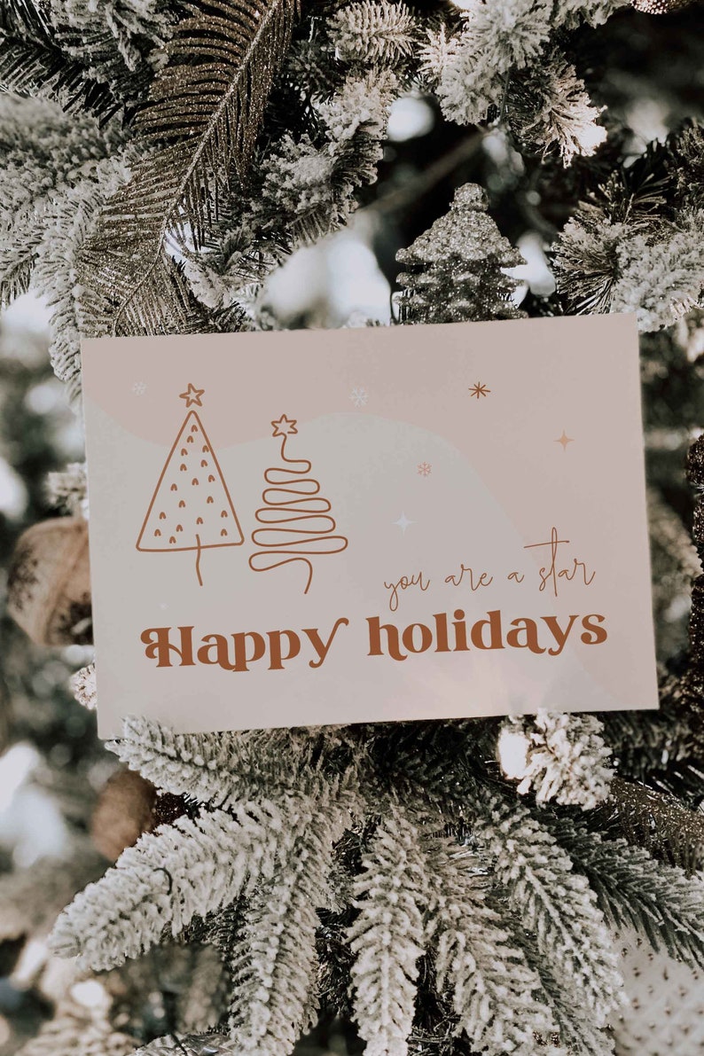 Retro Business thank you card for christmas with a boho vibe. Tw lineart christmas trees and a "Thanks you for you support" text. Editable in Canva.