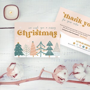 Retro Business thank you card for christmas with a groovy vibe. Christmas trees and snowflakes. Editable in Canva.