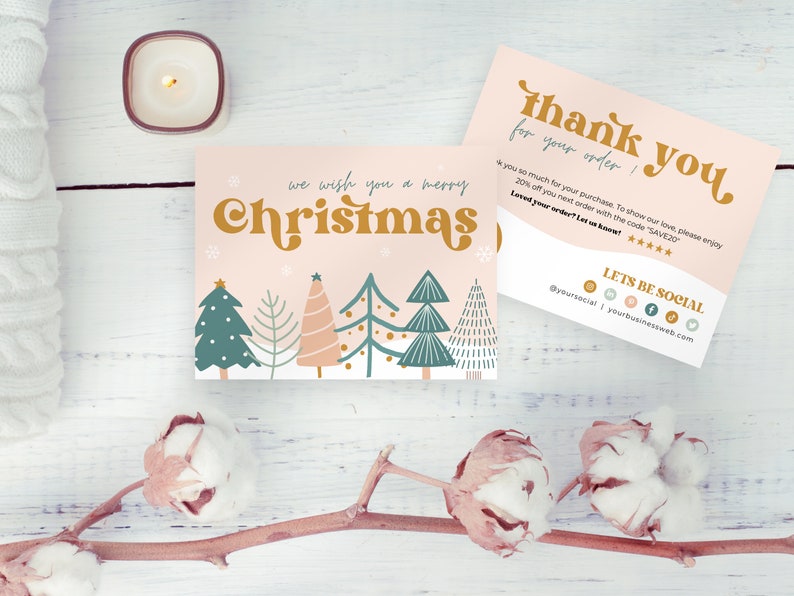 Retro Business thank you card for christmas with a groovy vibe. Christmas trees and snowflakes. Editable in Canva.