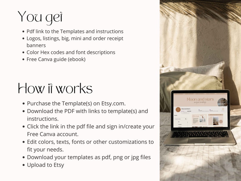 K&ouml;nnte beinhalten: Ein Laptop-Computer, auf dem eine Website mit dem Text "Moon and stars" und einer Beschreibung der Website angezeigt wird. Der Laptop steht auf einem Bett mit einer gr&uuml;n-braunen Decke und einem braunen Kopfteil.