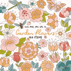 Retro Garden Flowers - flower illustration - Groovy flower - Boho - Botanical Flower Clip Art - bee, butterfly, 70s Flowers PNG SVG - G1