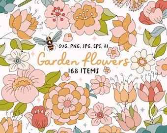 Retro Garden Flowers - flower illustration - Groovy flower - Boho - Botanical Flower Clip Art - bee, butterfly, 70s Flowers PNG SVG - G1