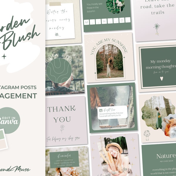 Instagram Post Templates Green, Garden & Blush, Romantic and natural Canva Templates, Editable, Botanical, Quotes, Nature, Forest, Cottage