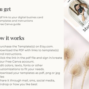 May include: A digital business card template for photographers. The template features a white background with a black and white photo of a photographer holding a camera. The text "Marie Louise Photography" is written in black cursive font. The template also includes a phone number, email address, and website address.