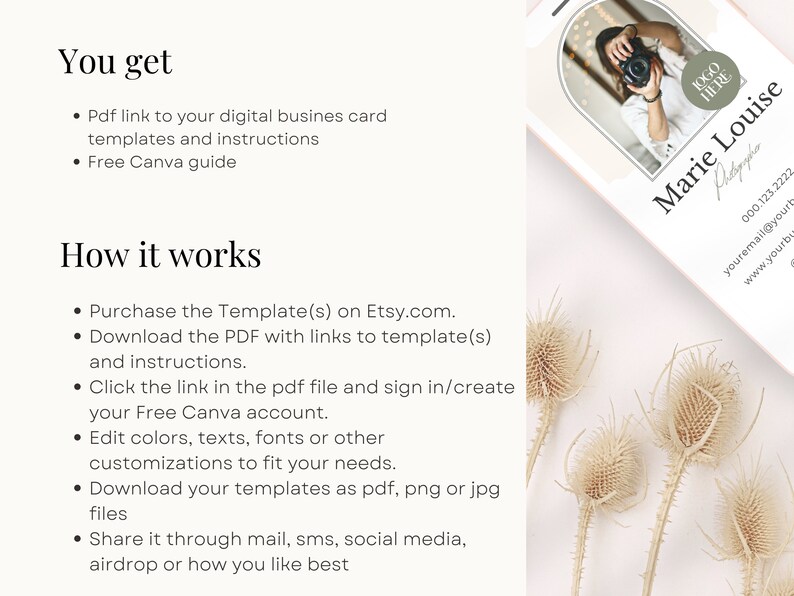 May include: A digital business card template for photographers. The template features a white background with a black and white photo of a photographer holding a camera. The text "Marie Louise Photography" is written in black cursive font. The template also includes a phone number, email address, and website address.