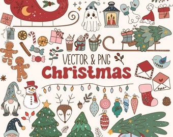 Retro Groovy Christmas Clipart - retro christmas - clipart bundle - christmas tree png - santa clipart png, groovy christmas - SVG PNG C1