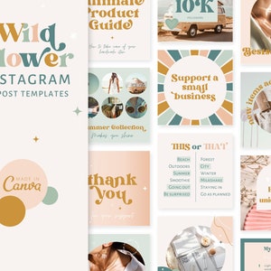 Può includere: Una collezione di modelli di post Instagram per un'azienda chiamata "Wild Flower". I modelli presentano una varietà di colori e design, tra cui rosa, verde, marrone e bianco. I modelli includono testo come "Supportare una piccola impresa", "Questo o quello", "Godere dell'unicità" e "I miei cinque migliori".