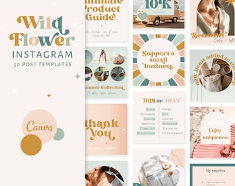Retro Instagram posts - Groovy Retro Instagram feed - Canva Templates - Bright Creative Boho Quotes - Etsy seller - ecommerce - Wild Flower