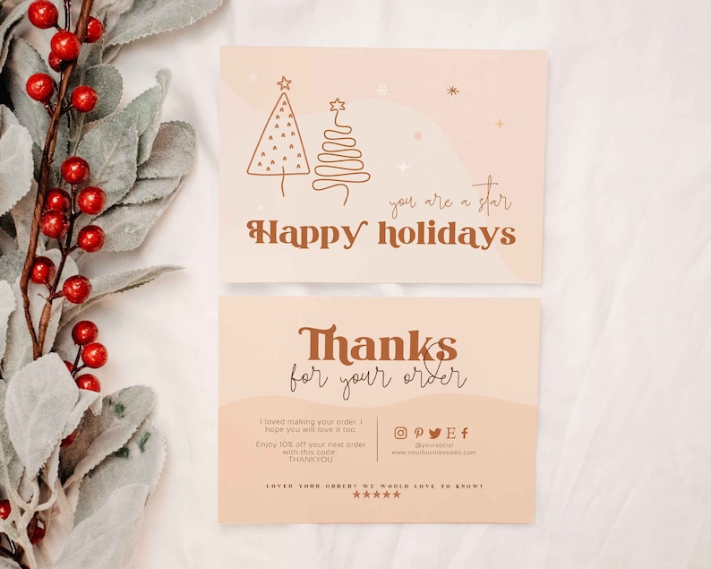 Retro Business thank you card for christmas with a boho vibe. Tw lineart christmas trees and a "Thanks you for you support" text. Editable in Canva.