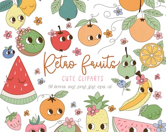 Retro Fruit Clipart - Cute fruits illustration - Groovy Fruit Designs, Lemon, Watermelon, Banana, Pineapple, Strawberry girl, Orange PNG SVG