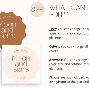 K&ouml;nnte beinhalten: Zwei braune und wei&szlig;e Logo-Designs mit dem Text "magie making Moon and stars est. 2002" in wei&szlig;er kursivschrift. Der Text "WHAT CAN I EDIT?" ist in braun. Der Text darunter erkl&auml;rt, dass der Text, die Farben und die Grafiken bearbeitet werden k&ouml;nnen.