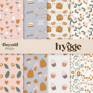 Cyfrowe papiery Hygge - Papier do scrapbookingu - Wzór bezszwowy - Papier designerski - Tło cyfrowe - Kwiat - Książki - Babeczka - Grzyb - CA1