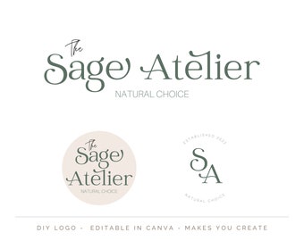 Editable Logo Designs - Romantic Country Logo - Elegant Logo - Minimalist Logo - Sage green natural logo - Instant Download - Garden & Blush