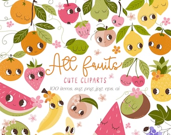 Fruit Clipart - Cute fruits - retro fruit Clip Art - Kawaii Fruit Designs, Lemon, Watermelon, Banana, Pineapple, Strawberry, Orange PNG SVG
