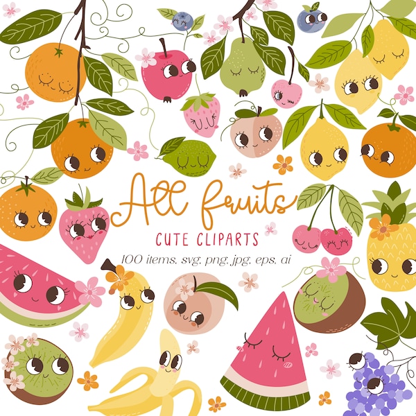 Fruit Clipart - Cute fruits - retro fruit Clip Art - Kawaii Fruit Designs, Lemon, Watermelon, Banana, Pineapple, Strawberry, Orange PNG SVG