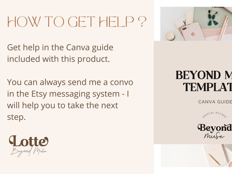 K&ouml;nnte beinhalten: Ein digitaler Leitfaden f&uuml;r Canva-Vorlagen mit dem Text "Beyond Muse Templates Canva Guide" und einem Logo mit dem Text "Beyond Muse Digital Studio".