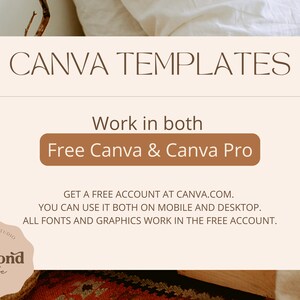 K&ouml;nnte beinhalten: Eine beige und braune Canva Templates Grafik mit dem Text "Work in both Free Canva & Canva Pro". Der Text "GET A FREE ACCOUNT AT CANVA.COM. YOU CAN USE IT BOTH ON MOBILE AND DESKTOP. ALL FONTS AND GRAPHICS WORK IN THE FREE ACCOUNT." befindet sich unter dem Button. Die Grafik enth&auml;lt auch ein Logo f&uuml;r "Beyond Muse Digital Studio".