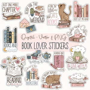 Pacchetto di adesivi digitali per amanti dei libri PNG SVG - Adesivo floreale per libri - Libri e caffè SVG - Adesivo per la lettura del topo di biblioteca - Libri fantasy png - B1