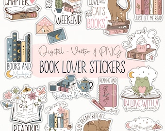 Op de afbeelding: Een set van 10 digitale stickers voor boekenliefhebbers met illustraties van boeken, katten, koffie, een kikker en andere boekgerelateerde thema's. De stickers bevatten tekst zoals "Nog maar één hoofdstuk", "Klaar voor het weekend", "Een meisje dat van katten en boeken houdt", "Boeken en koffie", "Fantasy-lezer", "Lezen is magie", "Lees, droom, herhaal", "Verliefd op een fictief personage", "Ik lees voorbij mijn bedtijd" en "Breng me naar de boekhandel".
