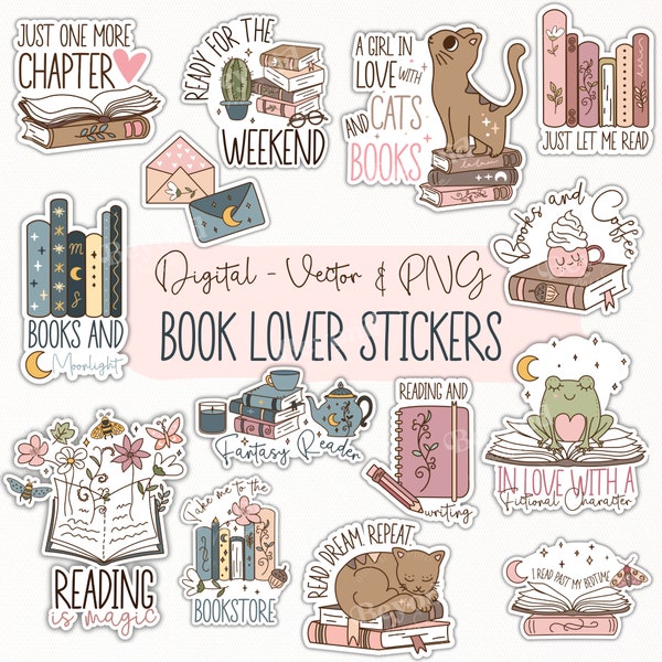 Ensemble d'autocollants numériques pour amoureux des livres PNG SVG - Sticker livre floral - livres et café Svg - Sticker lecture ver de livre - livres fantastiques png - B1