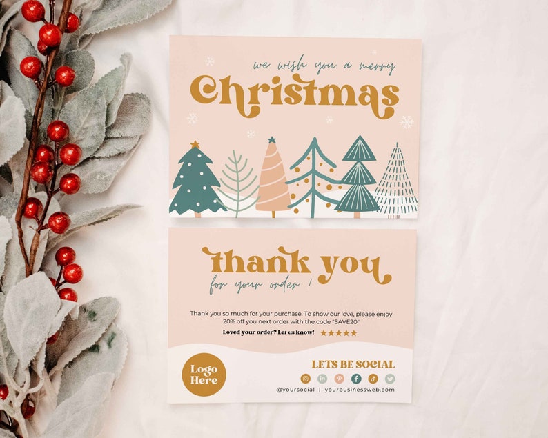 Retro Business thank you card for christmas with a groovy vibe. Christmas trees and snowflakes. Editable in Canva.