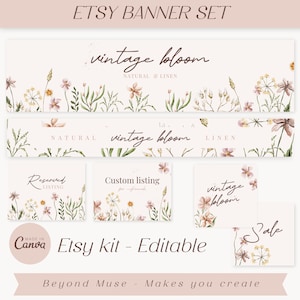 Watercolor floral Etsy banner - Etsy shop banners - etsy shop kit - wild flowers etsy banner template - etsy branding kit - Vintage Bloom