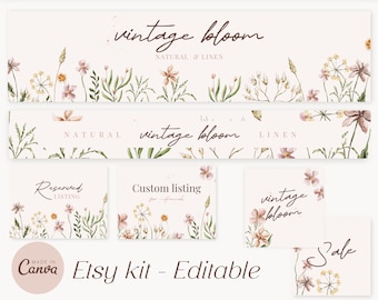 Watercolor floral Etsy banner - Etsy shop banners - etsy shop kit - wild flowers etsy banner template - etsy branding kit - Vintage Bloom