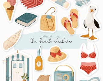 Digital Sticker Beach Summer Bundle PNG SVG - journal stickers - calendar - planner sticker - Printable Stickers - Cottage core - Vacation