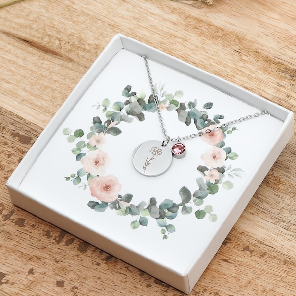 Birth flower necklace, birthstone necklace